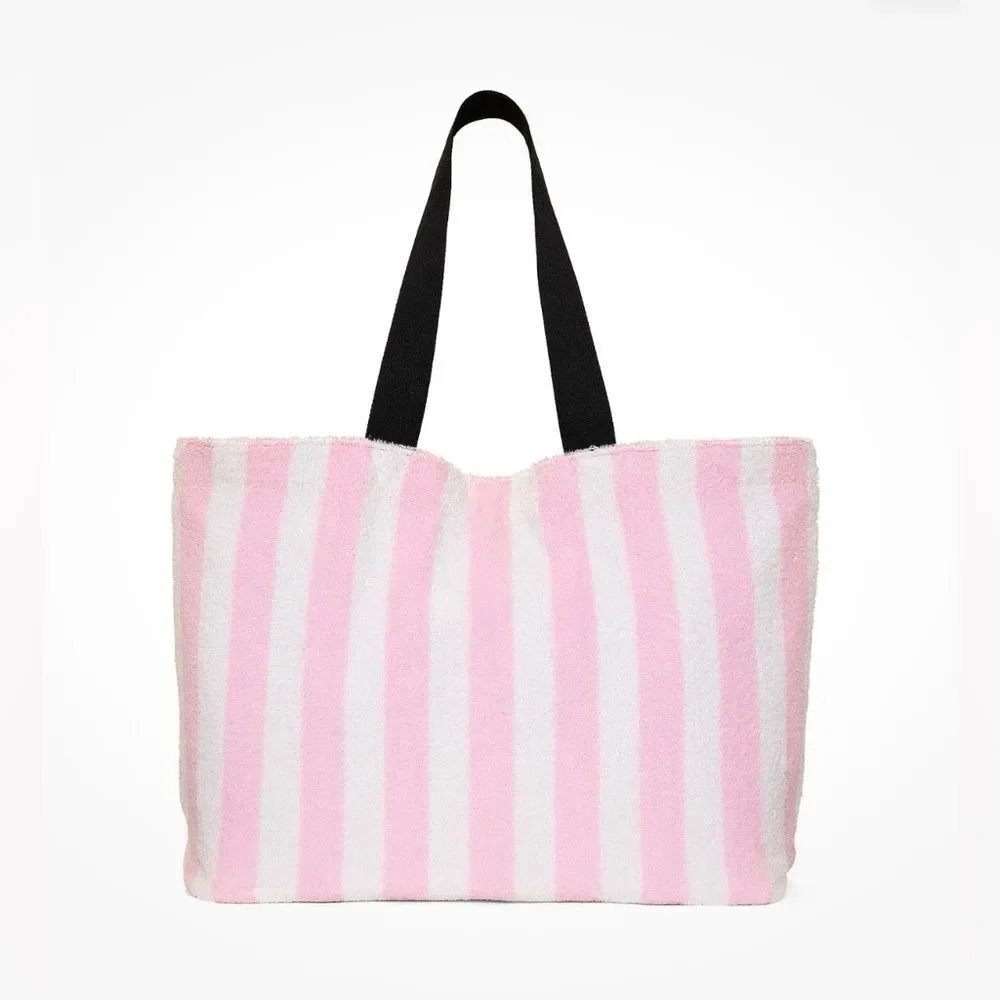 2026 NWT Victoria's Secret Angel Essentials Pink & White Stripe Terry Beach Tote